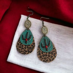 Western Cactus Animal Print & Rhinestone Teardrop Earrings